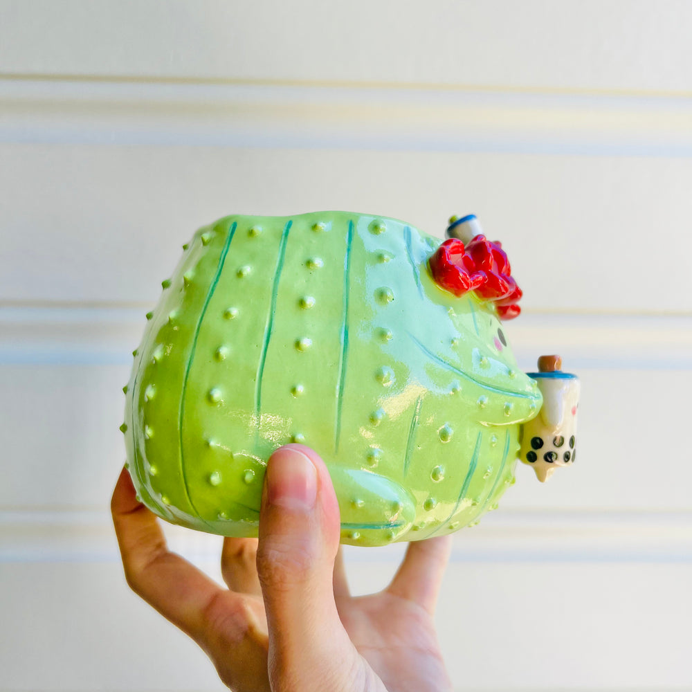 Flower crown cactus pot with bubble tea friends, photo 2 of 5