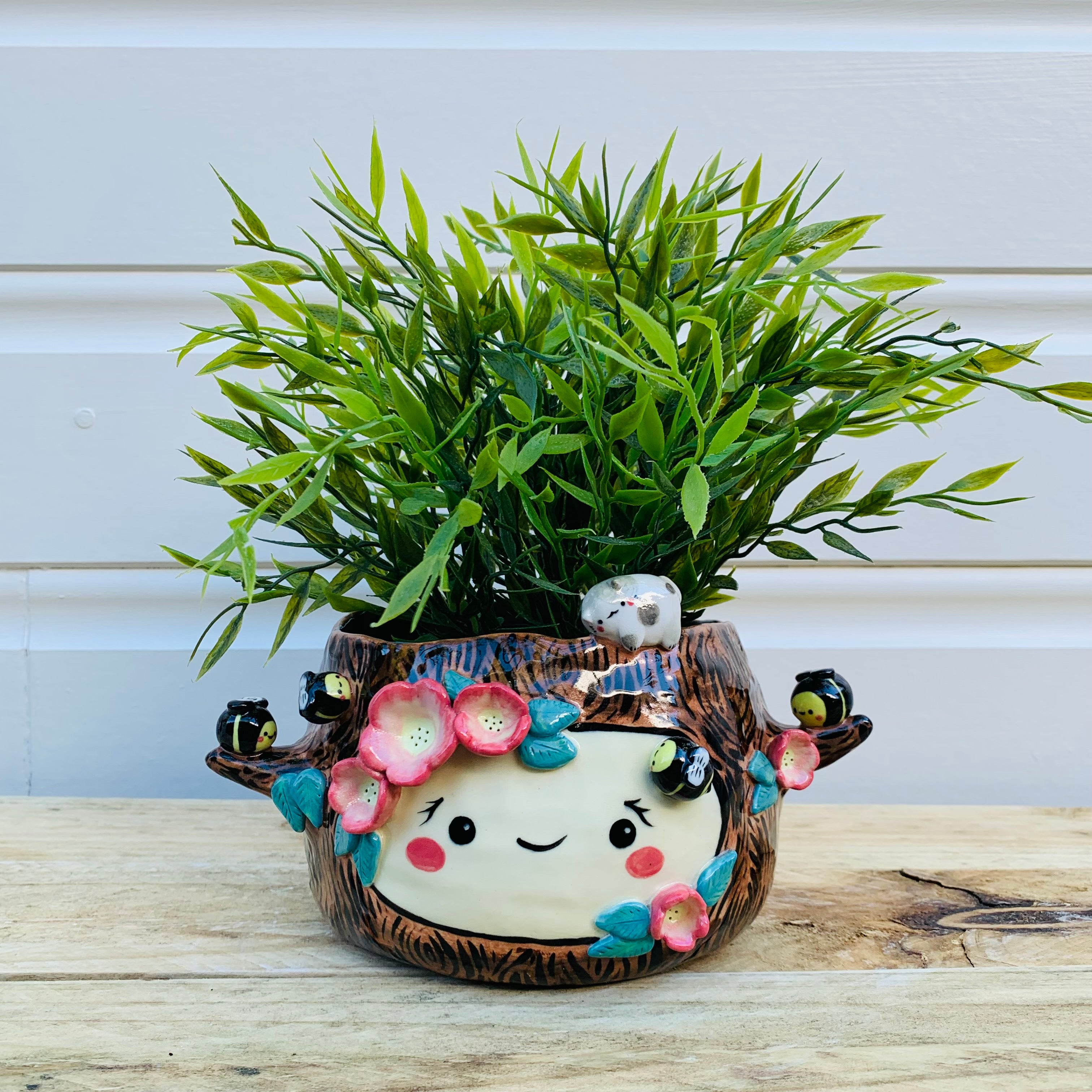 Happy flowery tree with bees and cat friend planter