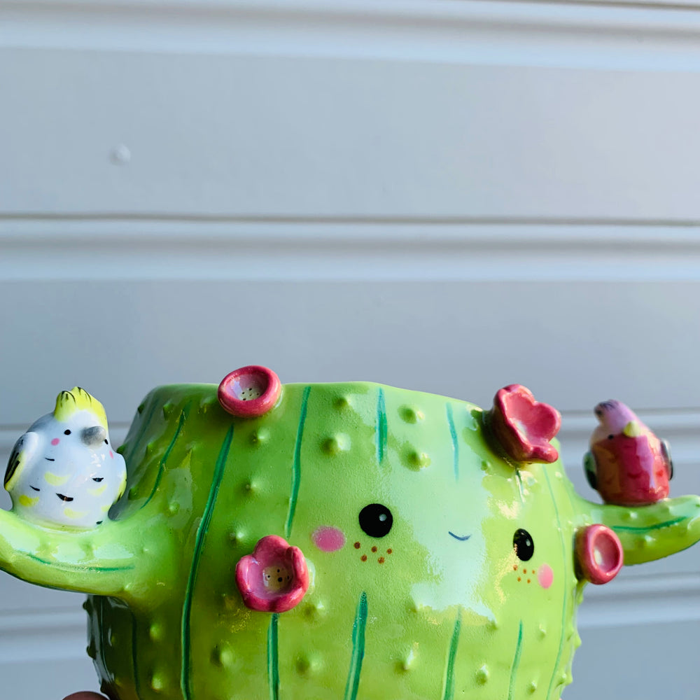 Light green flowery cactus pot with Aussie bird friends, photo 3 of 8