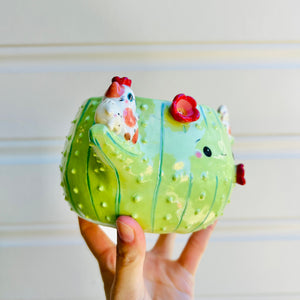 Flowery cactus pot with cat and dumpling friends