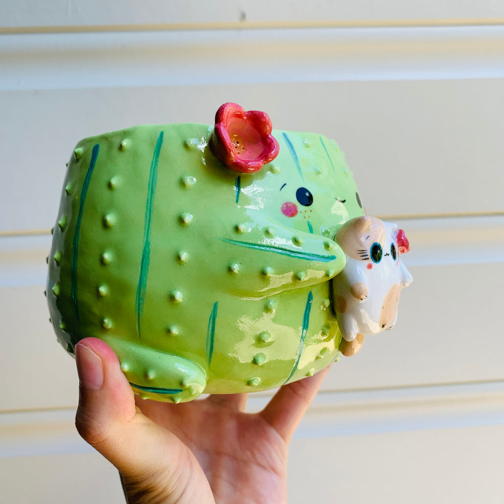 Flowery cactus pot with cat friend, photo 2 of 9