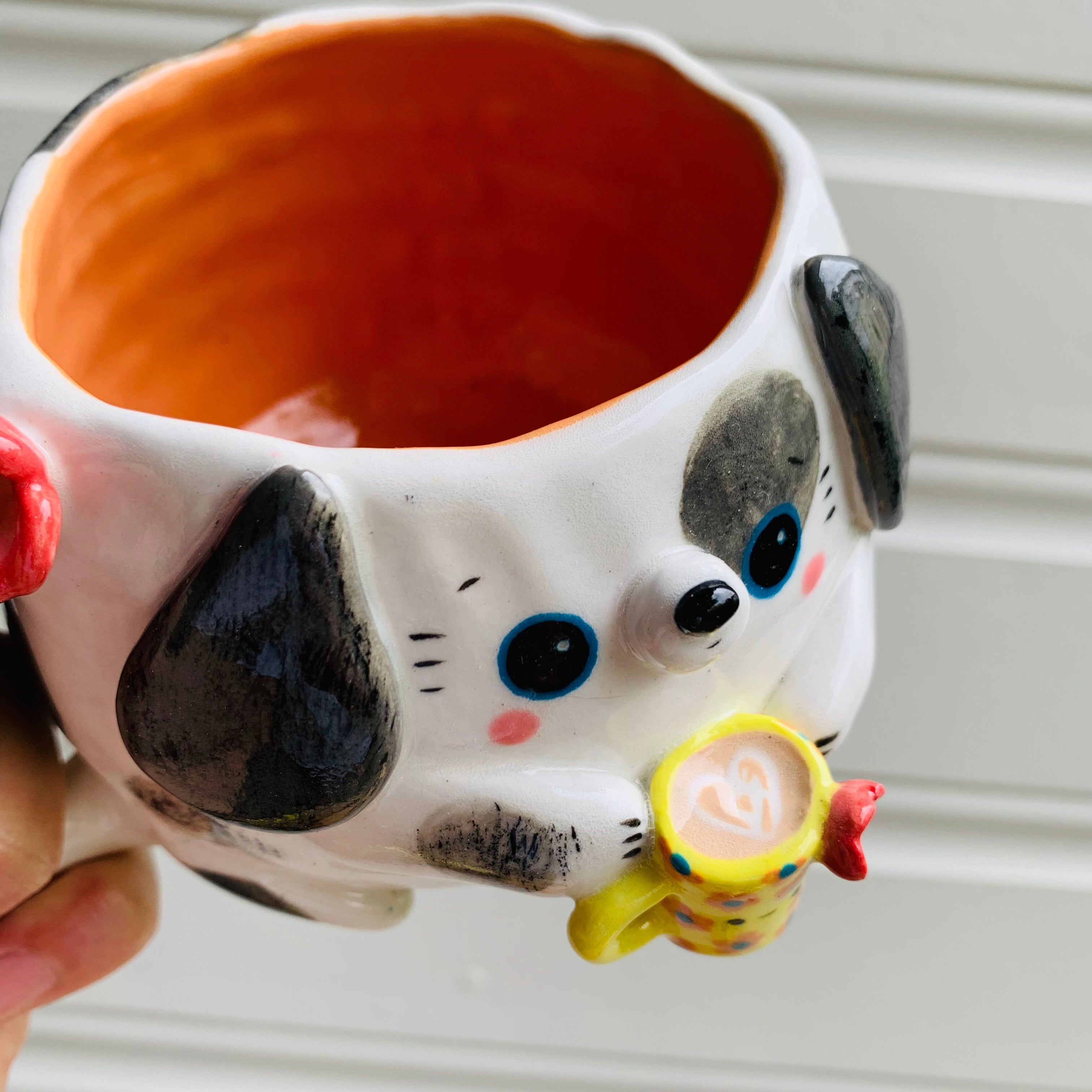 White and grey DOGGO coffee pun mug with mug friend