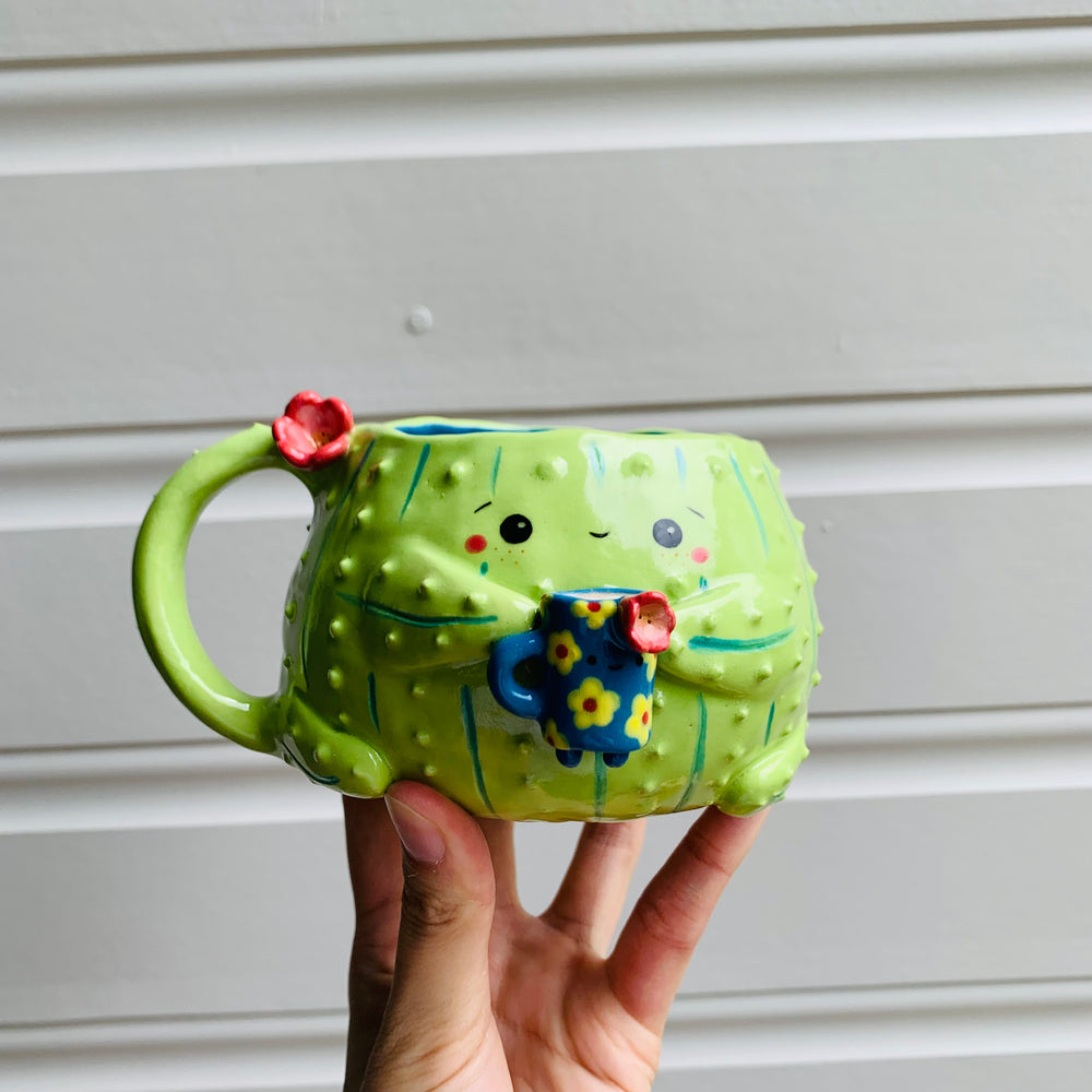 Light green CACTUS coffee pun mug with mug friend, photo 1 of 12