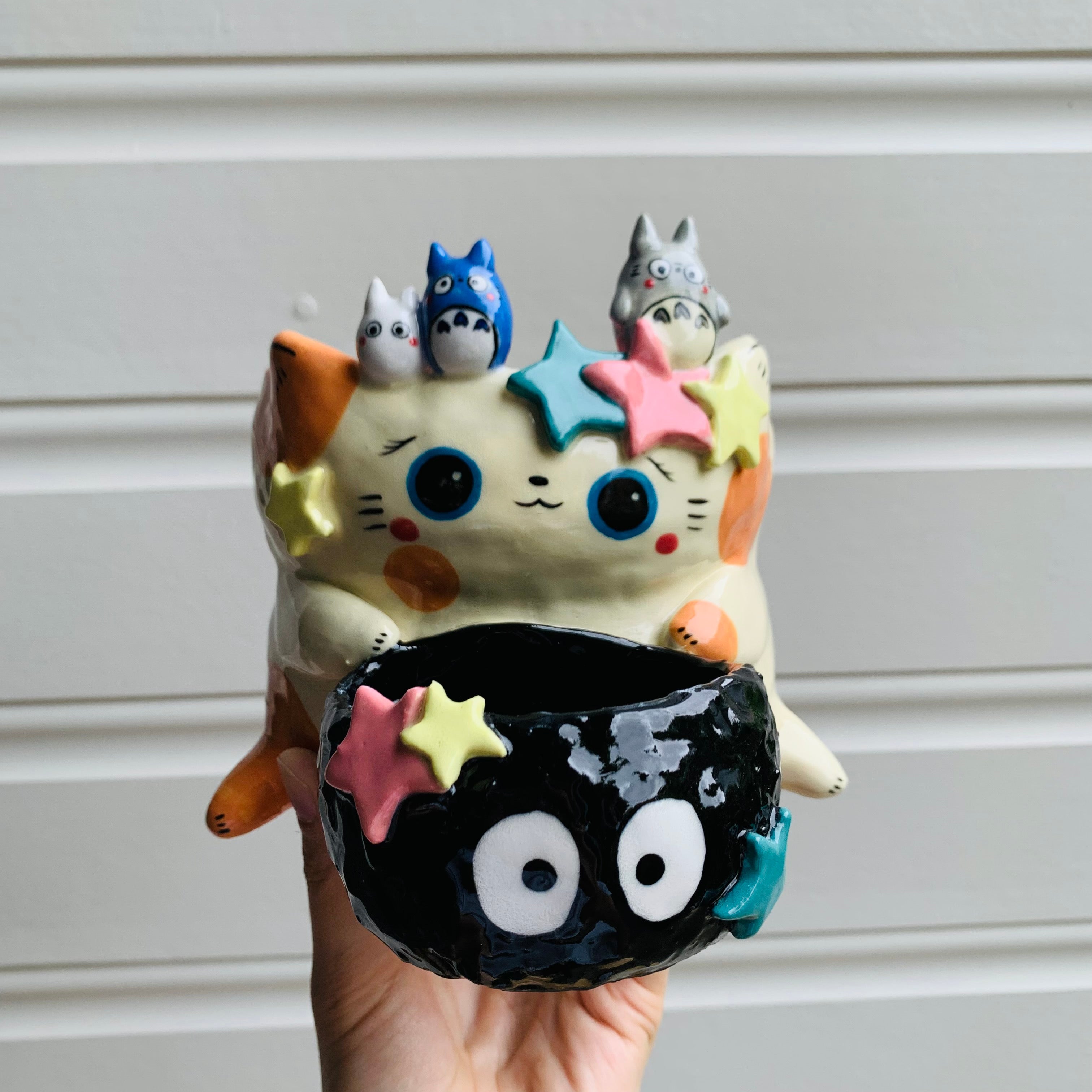 2 in 1 Spotty ginger cat and soot sprite pot with Totoro friends