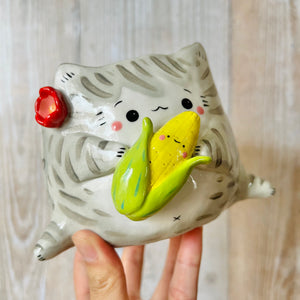 GREY CAT POT with corn cob friend