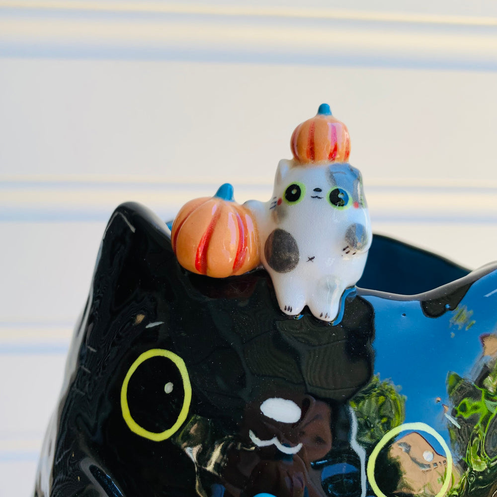 Big black cat with pumpkin and cat friends Halloween planter, photo 12 of 13