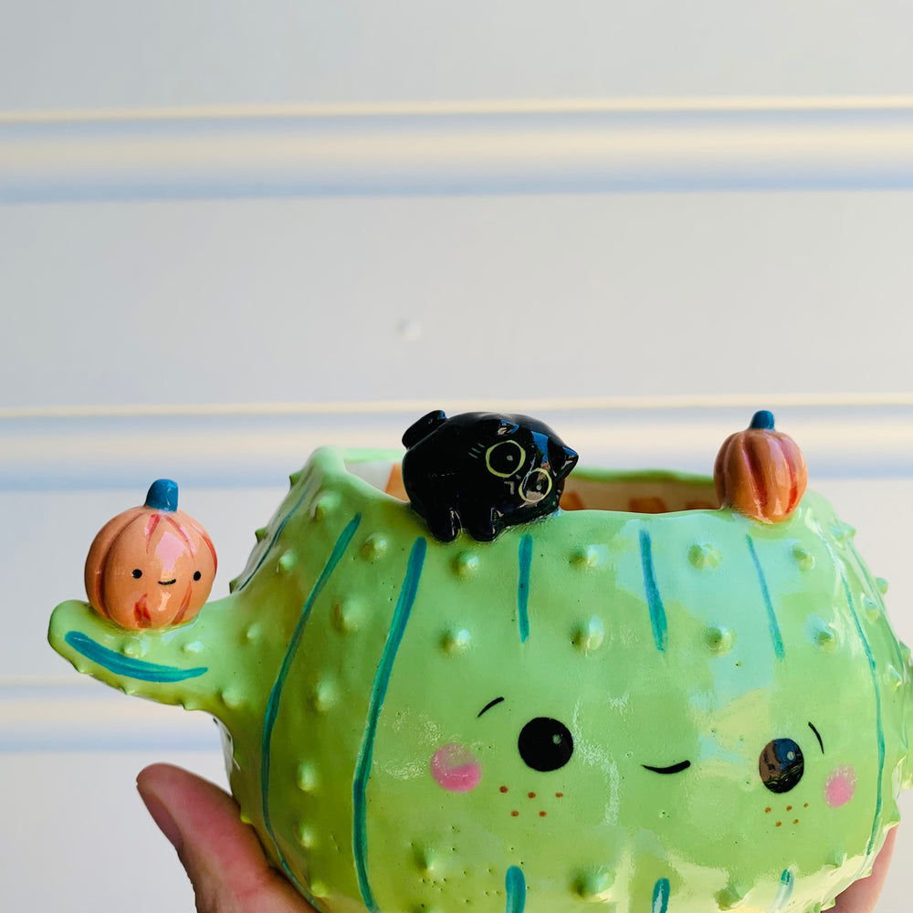 Pumpkin cactus pot with black cat friends, photo 2 of 7