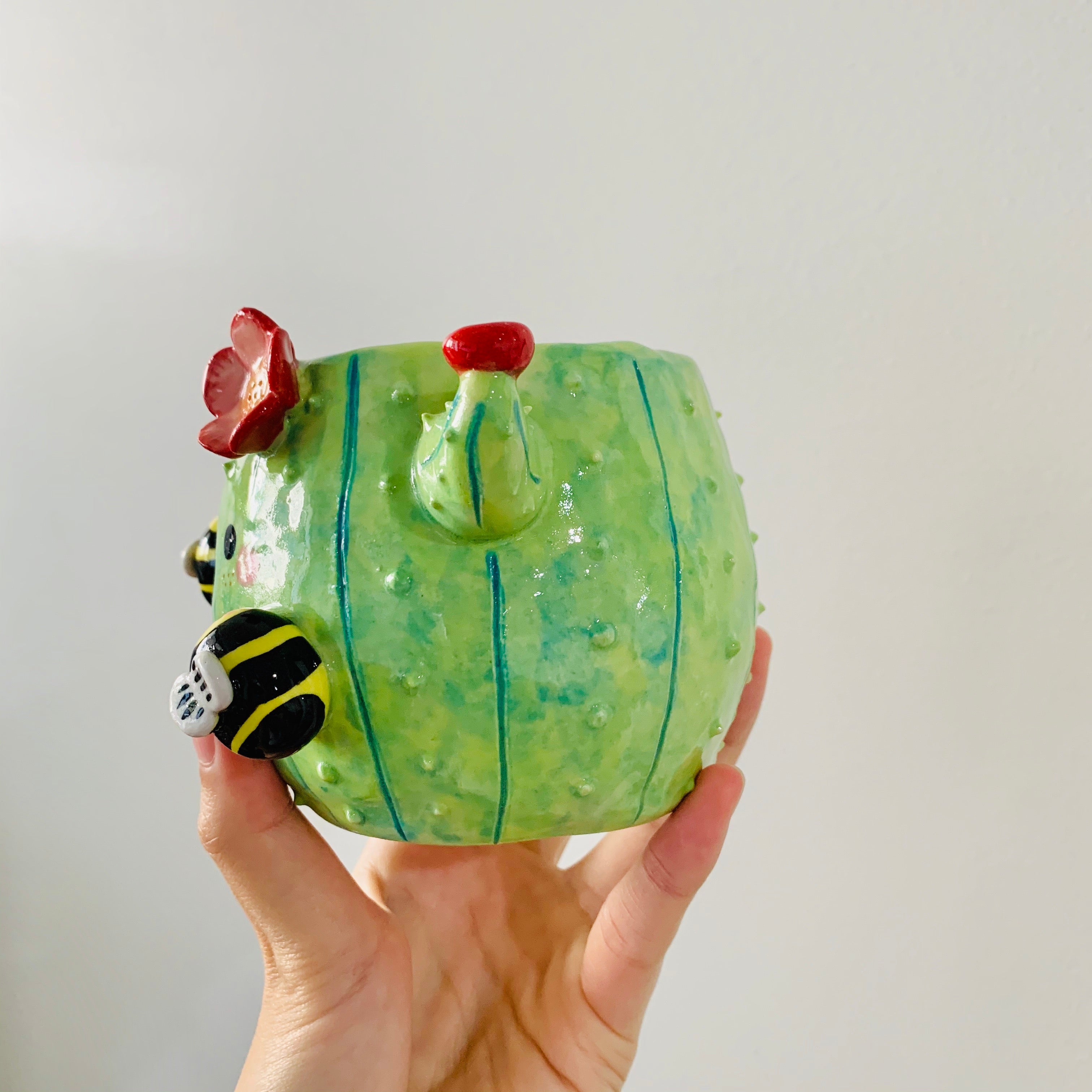 Flowery cactus pot with bee friends