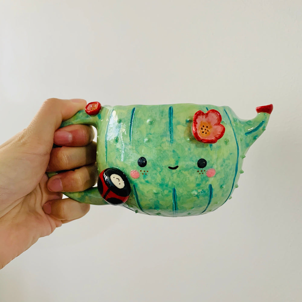 Flowery cactus mug with lady bug friend - approx. 250ml, photo 1 of 6