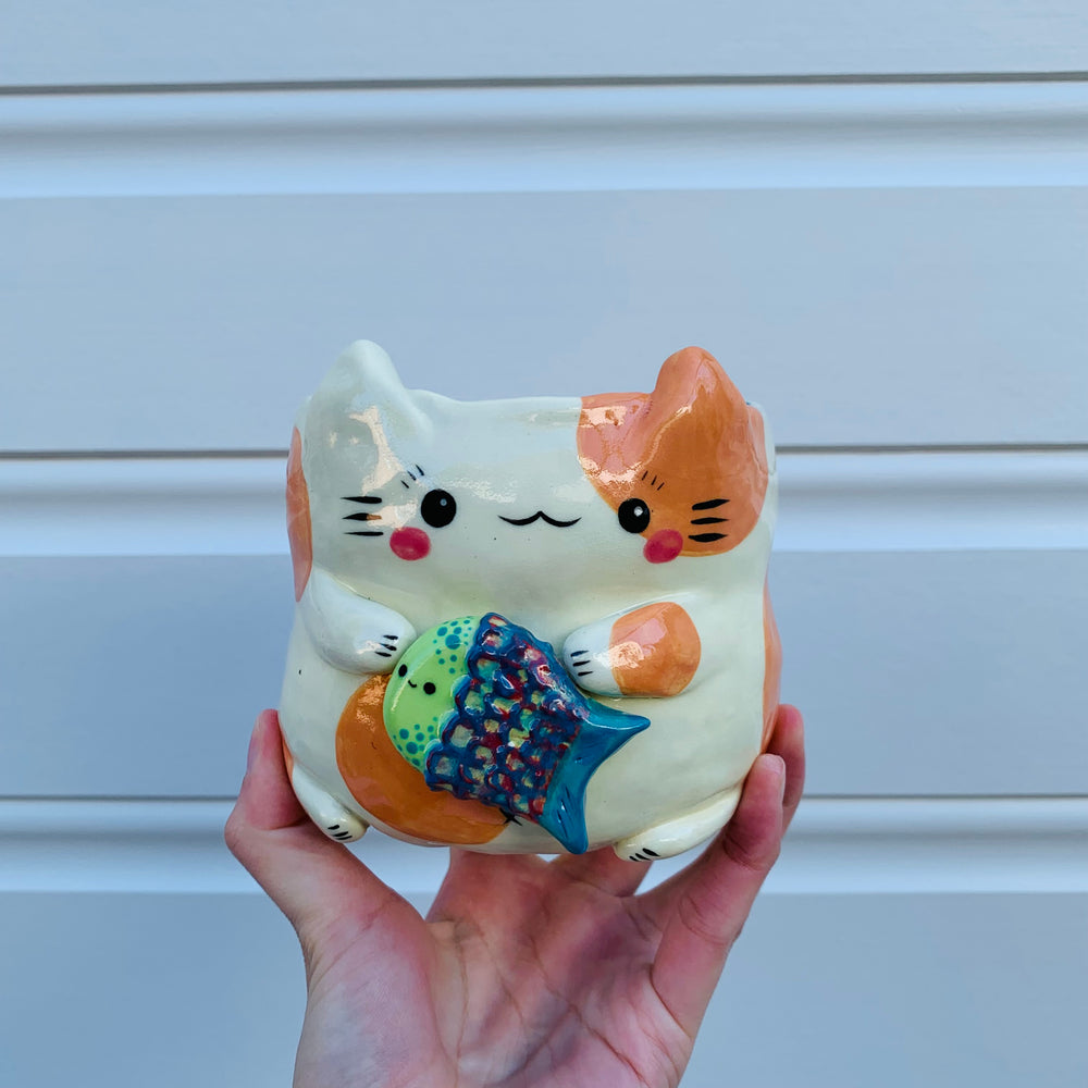 Big cat with fish friend planter, photo 1 of 8