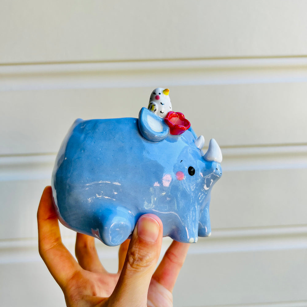 Rhino pot with egret friend, photo 2 of 5