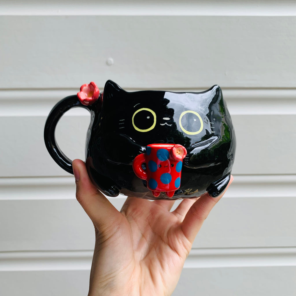 BLACK CAT coffee pun mug with mug friend