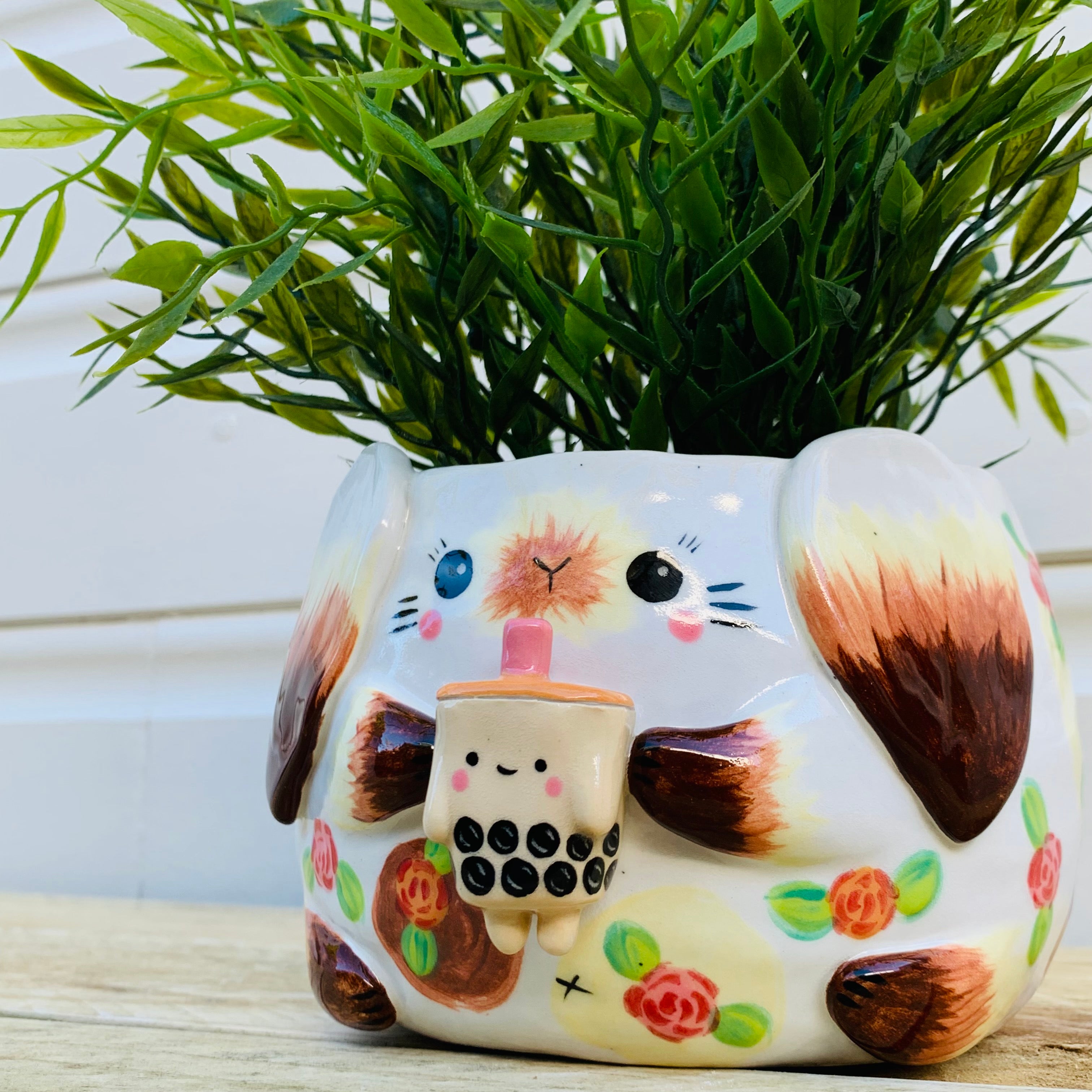 Flowery bunny with bubble tea planter