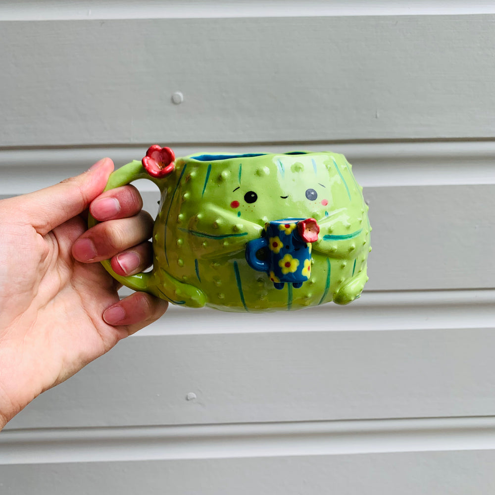 Light green CACTUS coffee pun mug with mug friend, photo 10 of 12
