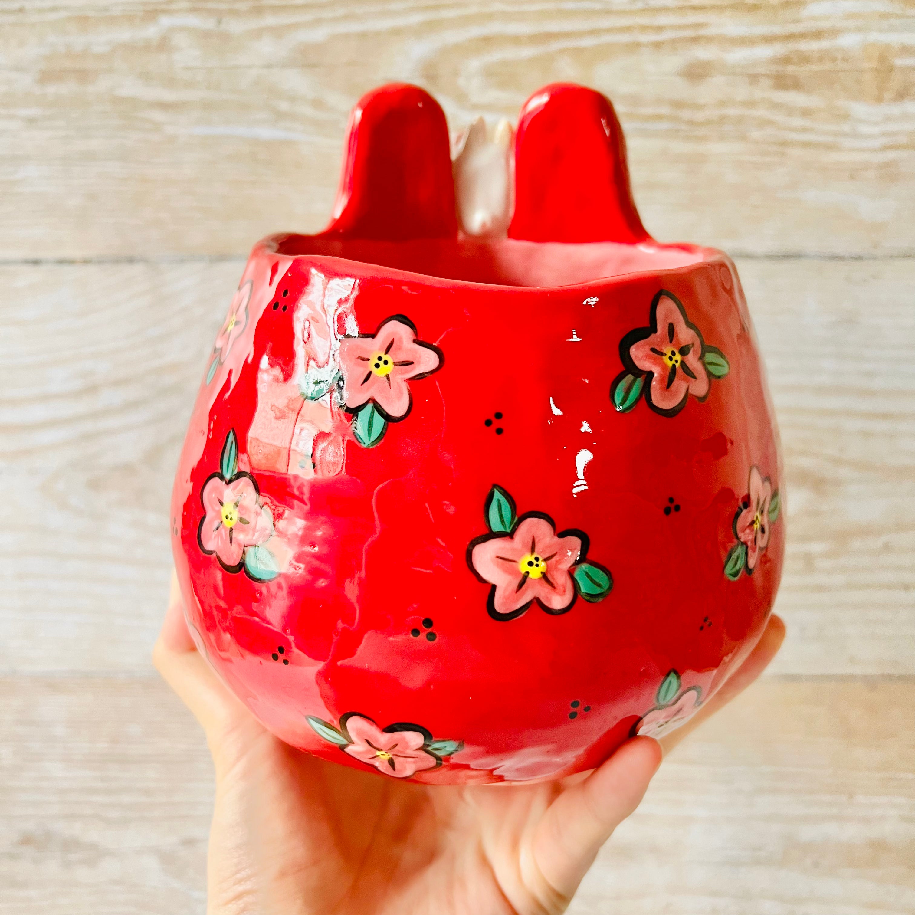 LNY RED flowery Daruma Bunny pot with bunny and mandarin friends