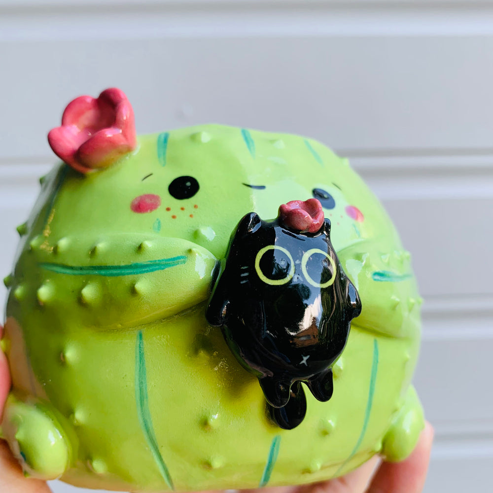 Flowery cactus pot with black cat friend, photo 6 of 6