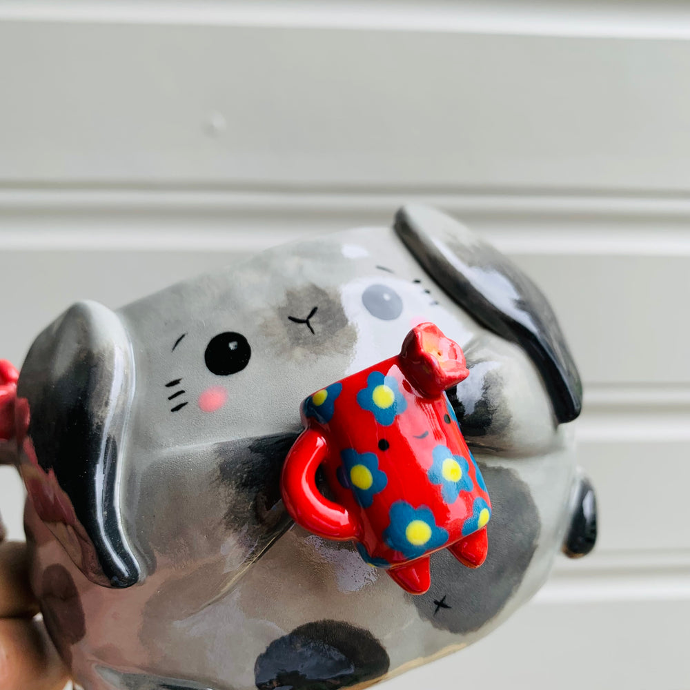 Spotty grey BUNNY coffee pun mug with mug friend, photo 4 of 11