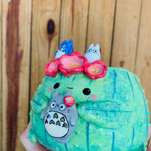 Dark green flower crown cactus pot with Totoro friends