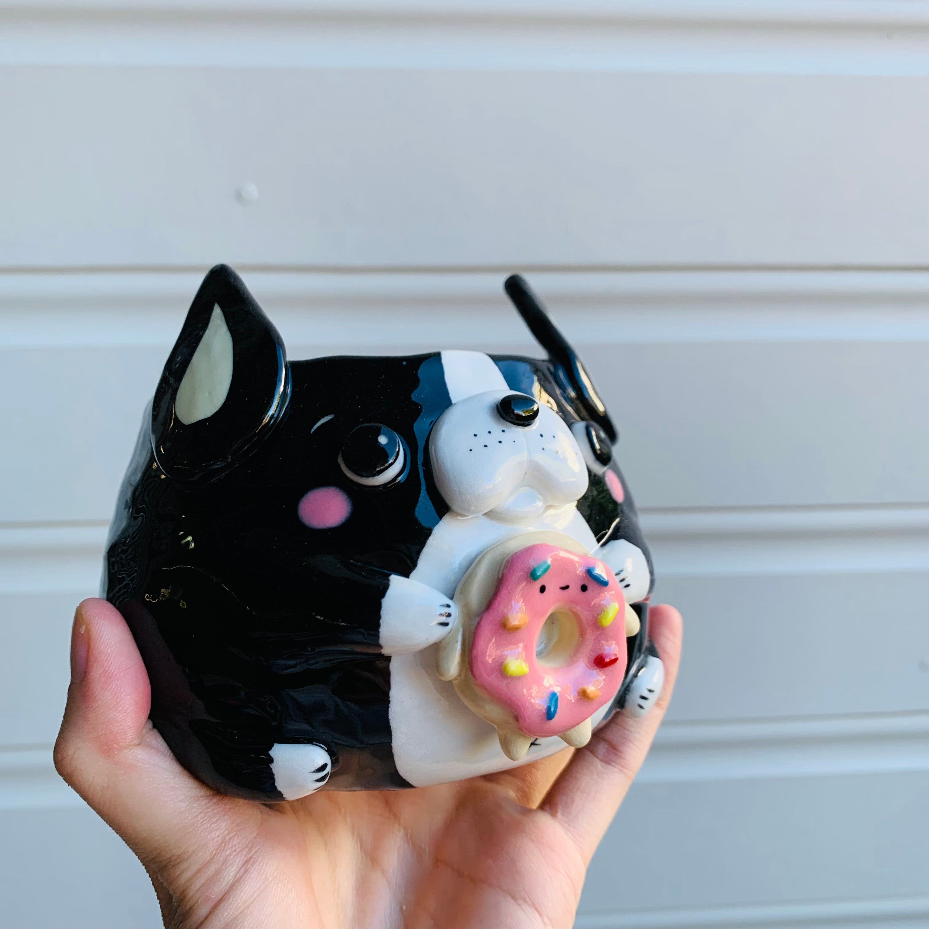 Boston terrier pot with donut friend