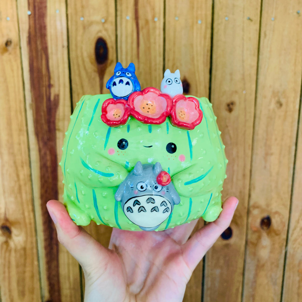 Light green flower crown cactus pot with Totoro friends