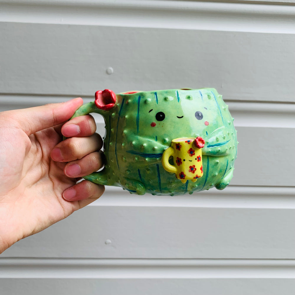 Dark green CACTUS coffee pun mug with mug friend, photo 10 of 11