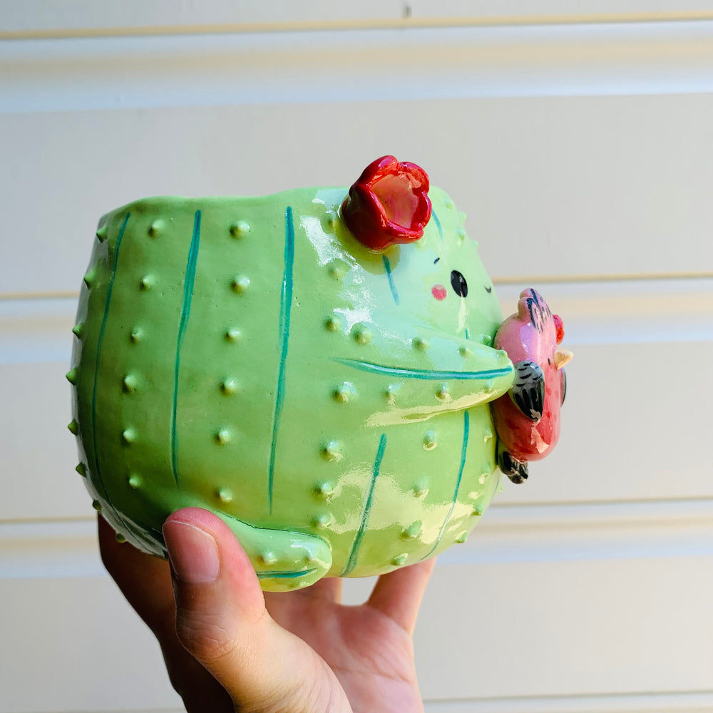 Flowery cactus pot with pink galah friend, photo 2 of 8