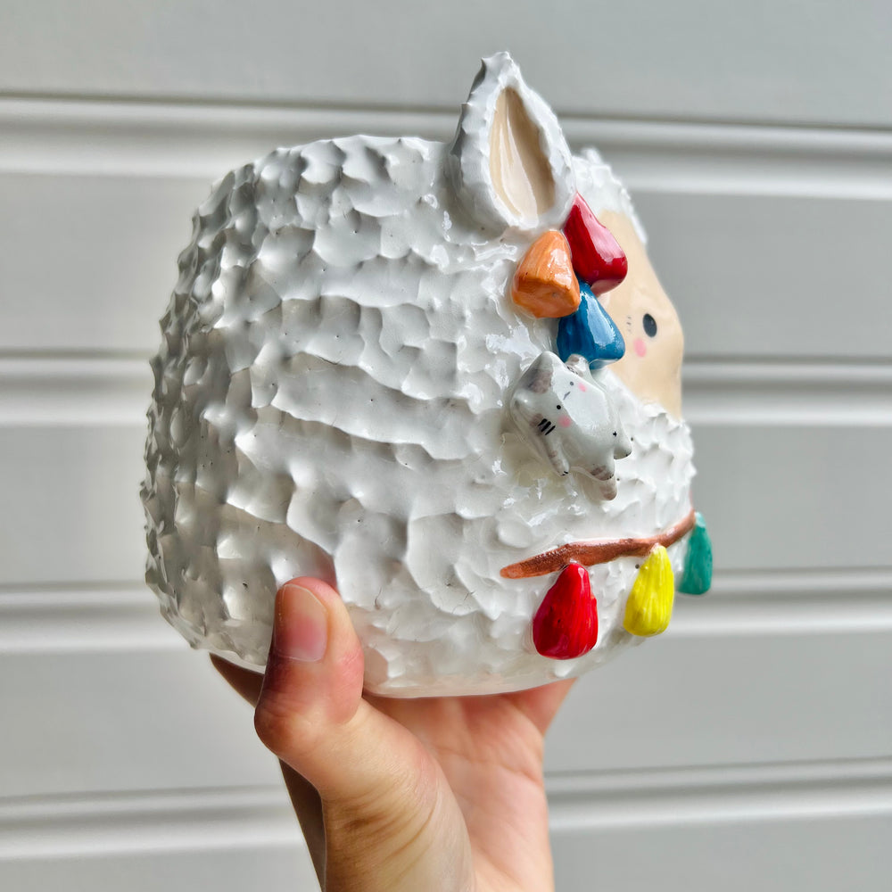 LARGE tassel llama pot with hanging cat friend, photo 2 of 8