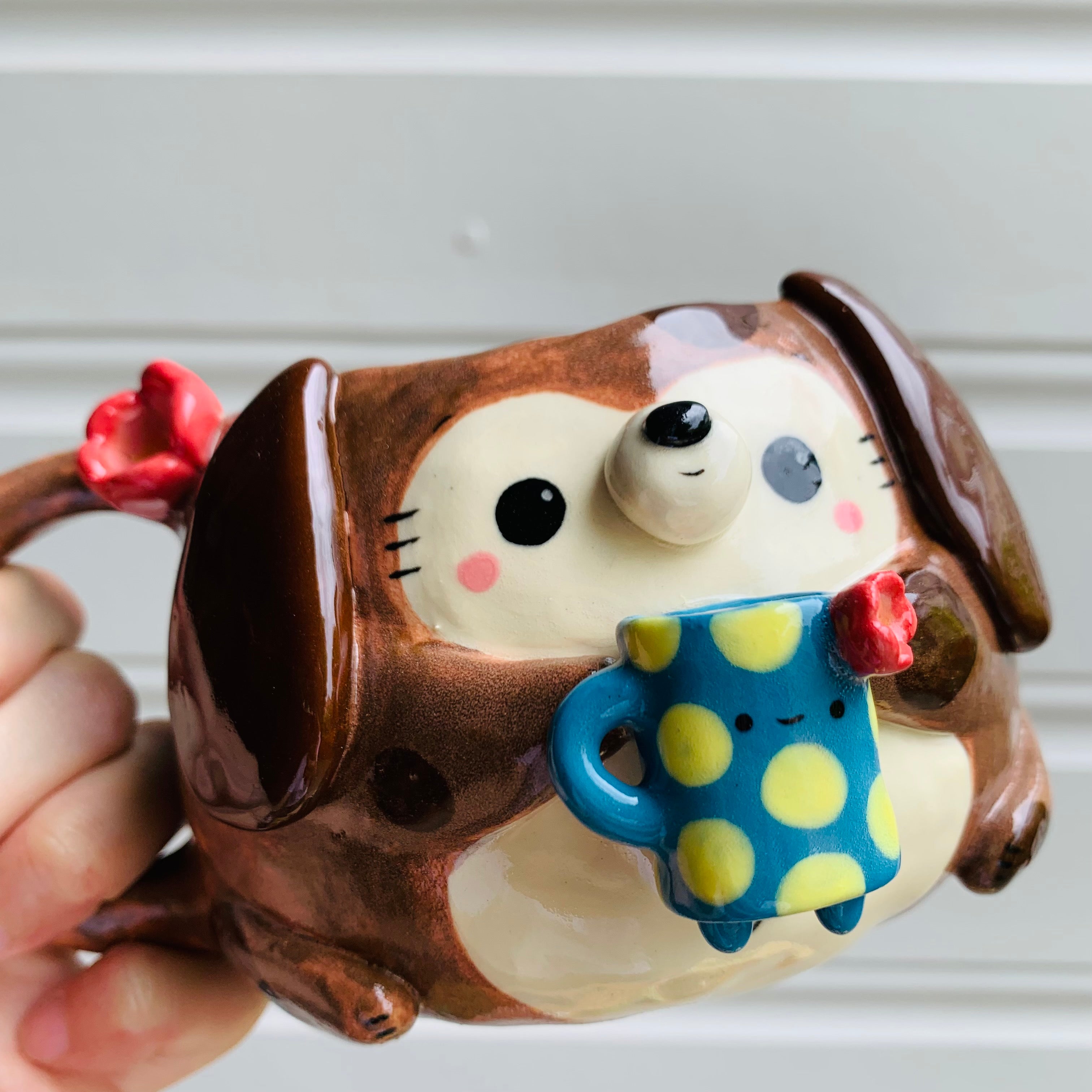 Brown DOGGO coffee pun mug with mug friend