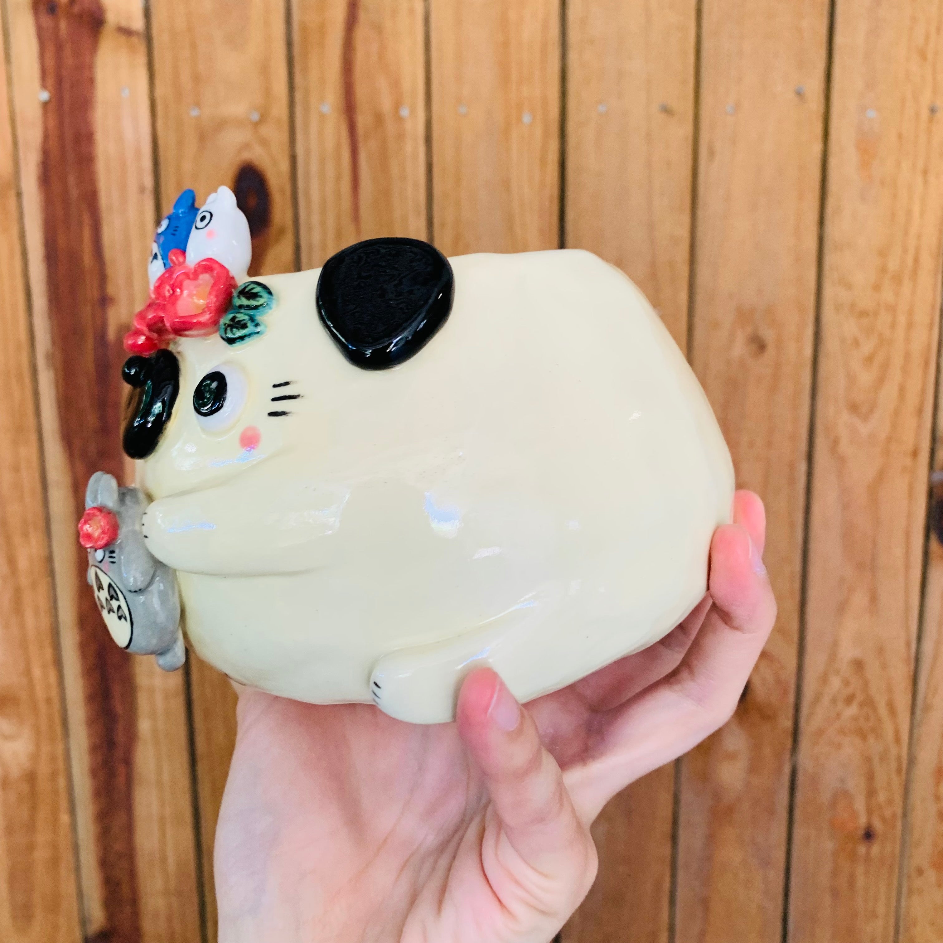 Flower crown puggo pot with Totoro friends