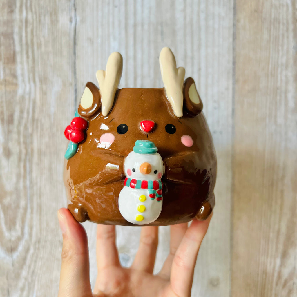 FESTIVE REINDEER POT with snowman friend