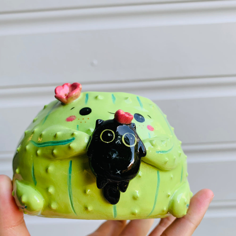 Flowery cactus pot with black cat friend, photo 6 of 6