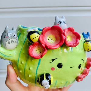 Flowery cactus pot with Totoro and bee friends