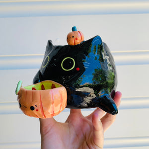 2 in 1 Halloween 2021 black cat with pumpkin friends planter