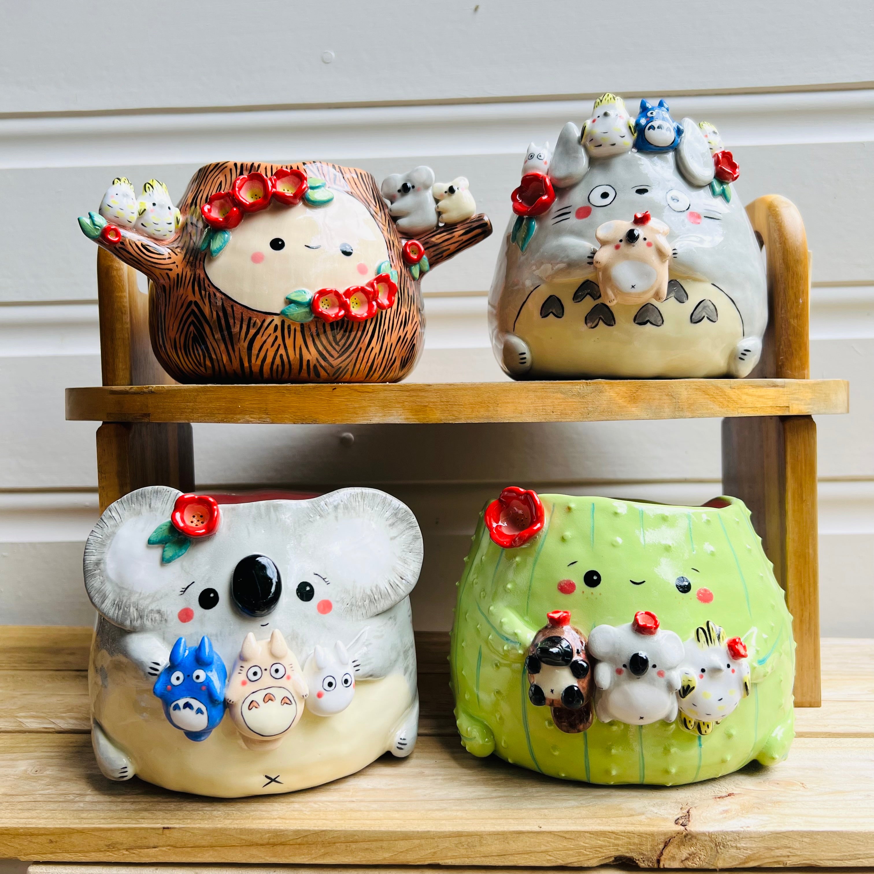 LARGE Totoro Pot with Baby Koala, Cockatoo and Chibi Totoro friends