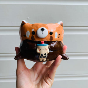 Red panda pot with bubble tea friend