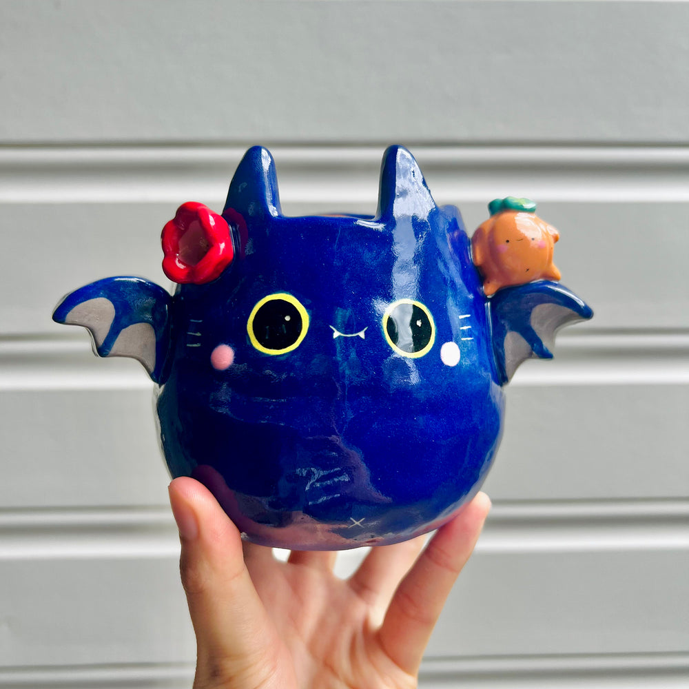 Halloween bat pot with pumpkin friend, photo 1 of 6