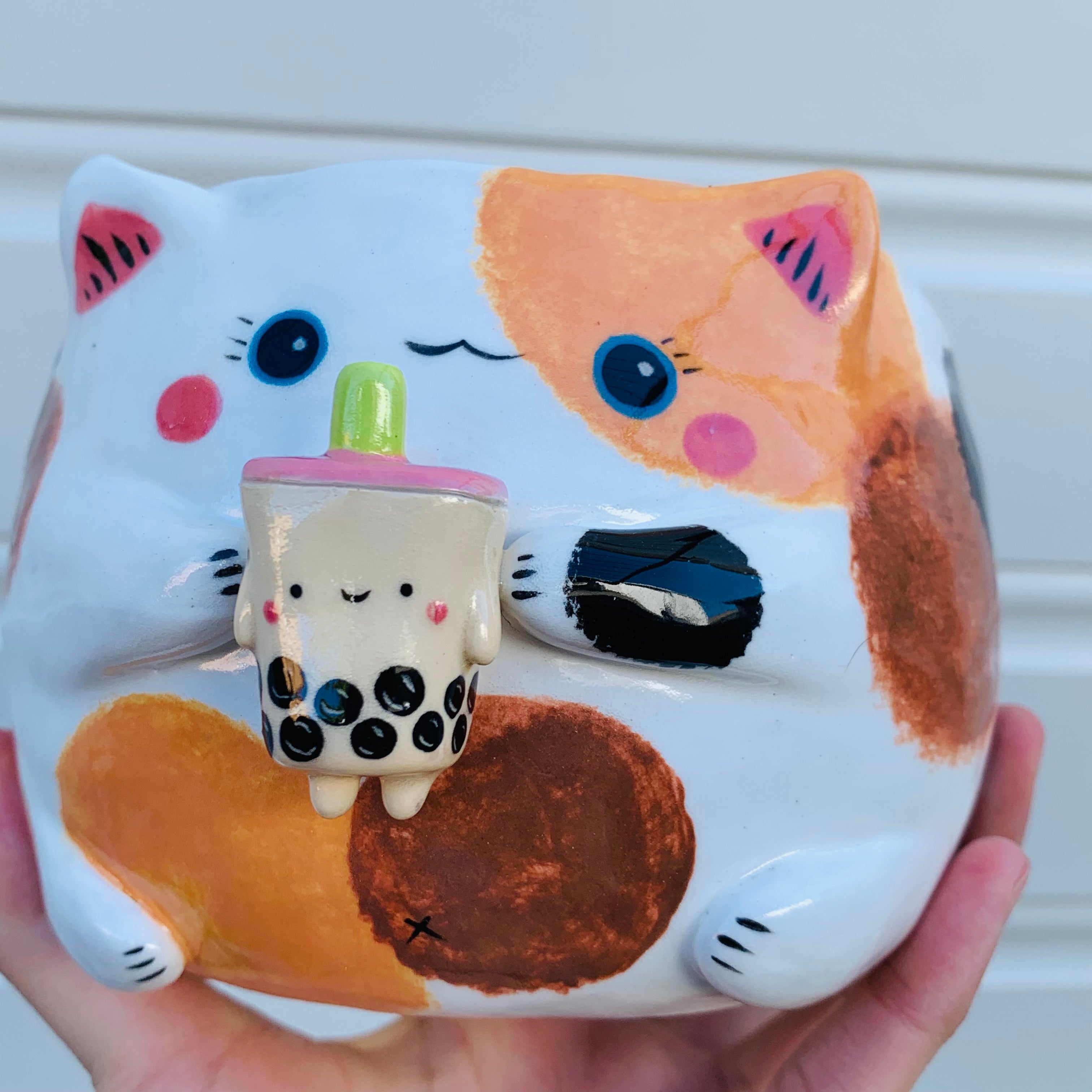 Spotty cat with bubble tea friend planter