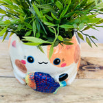 LARGE spotty cat with fish friend planter