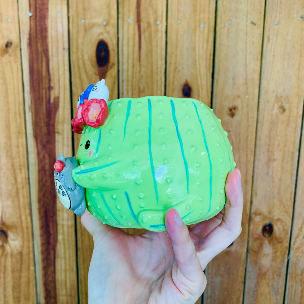Light green flower crown cactus pot with Totoro friends, photo 3 of 9