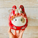 LNY RED Flowery Daruma bunny pot with bunny friends