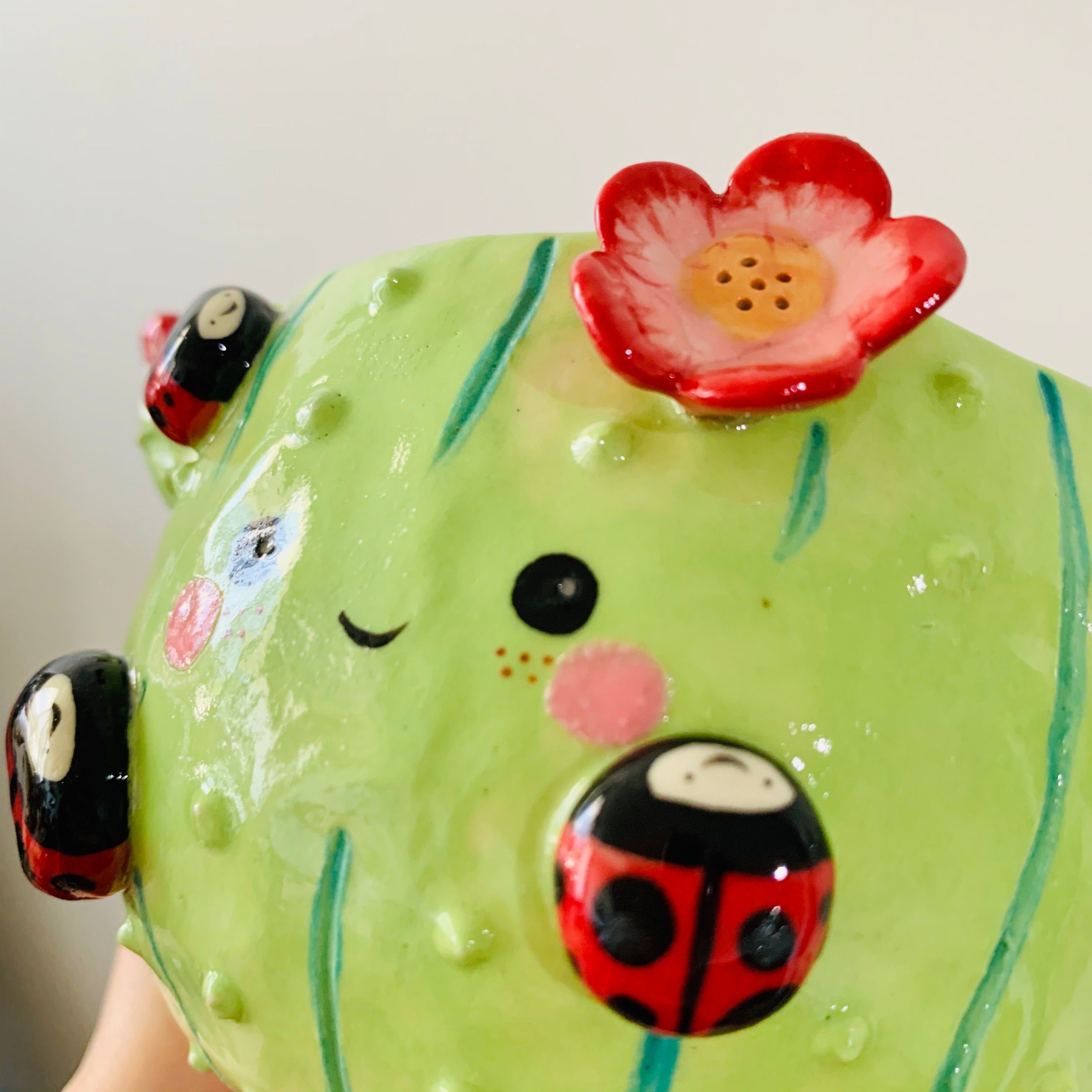 Flowery cactus pot with lady bug friends