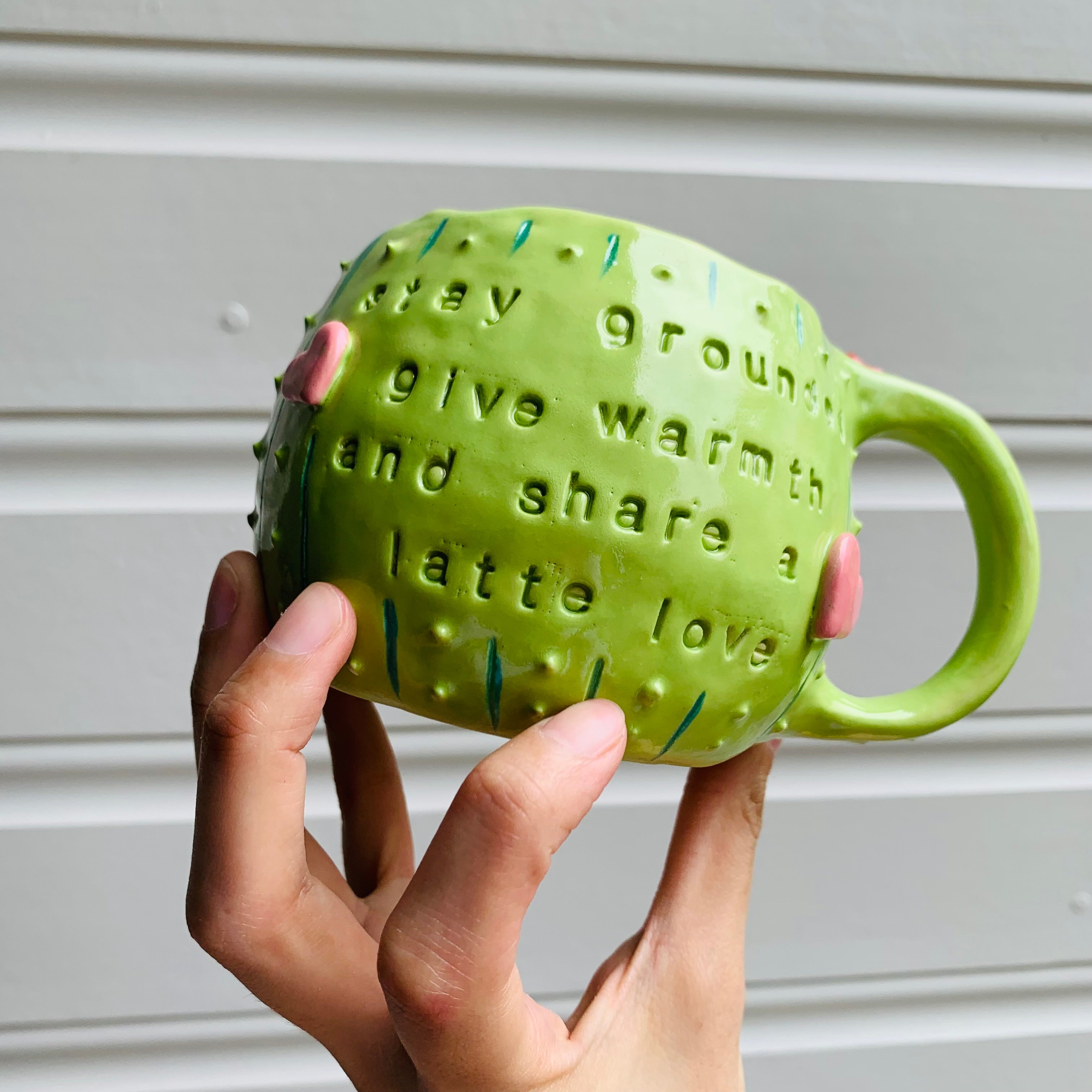 Light green CACTUS coffee pun mug with mug friend