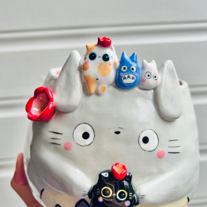 LARGE Totoro pot with black cat and Chibi Totoro friends