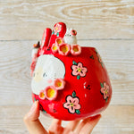 LNY RED Flowery Daruma pot with bunny friends