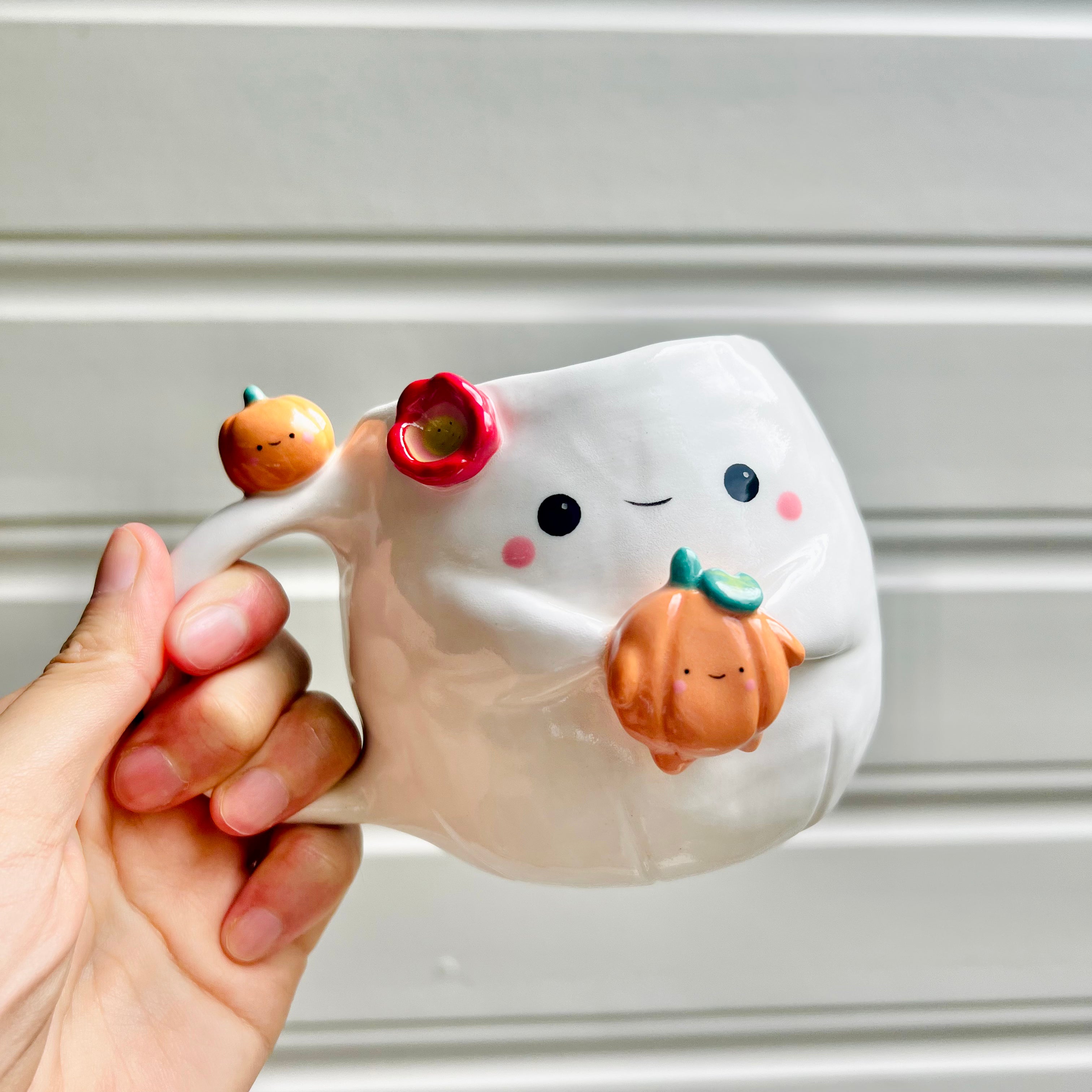 Halloween ghost mug with pumpkins friends