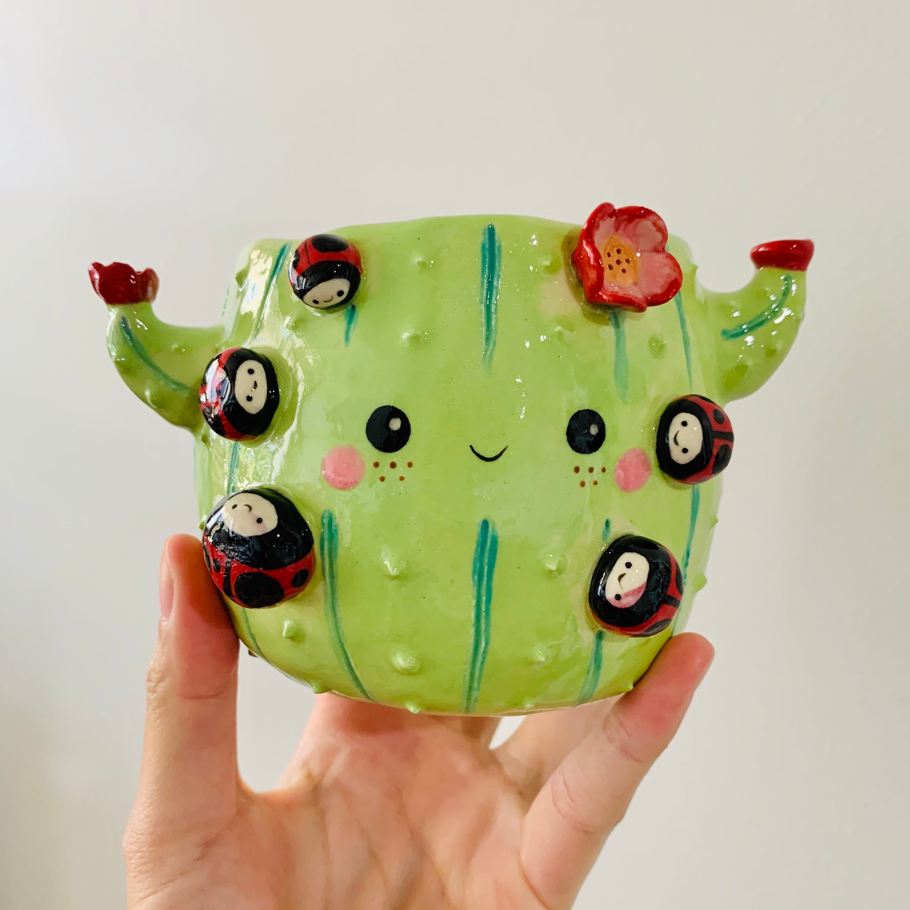 Flowery cactus pot with lady bug friends