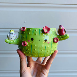 Light green flowery cactus pot with Aussie bird friends