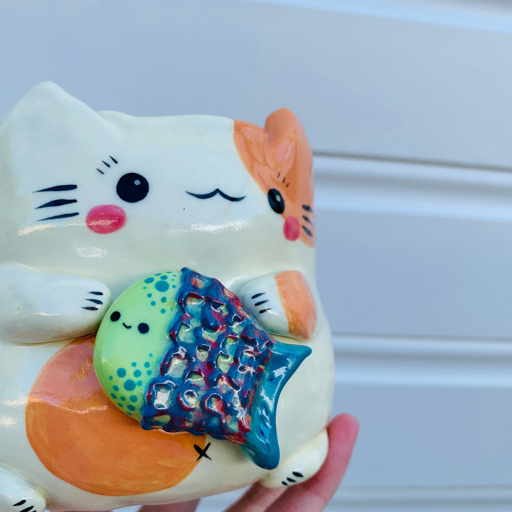 Big cat with fish friend planter, photo 4 of 8