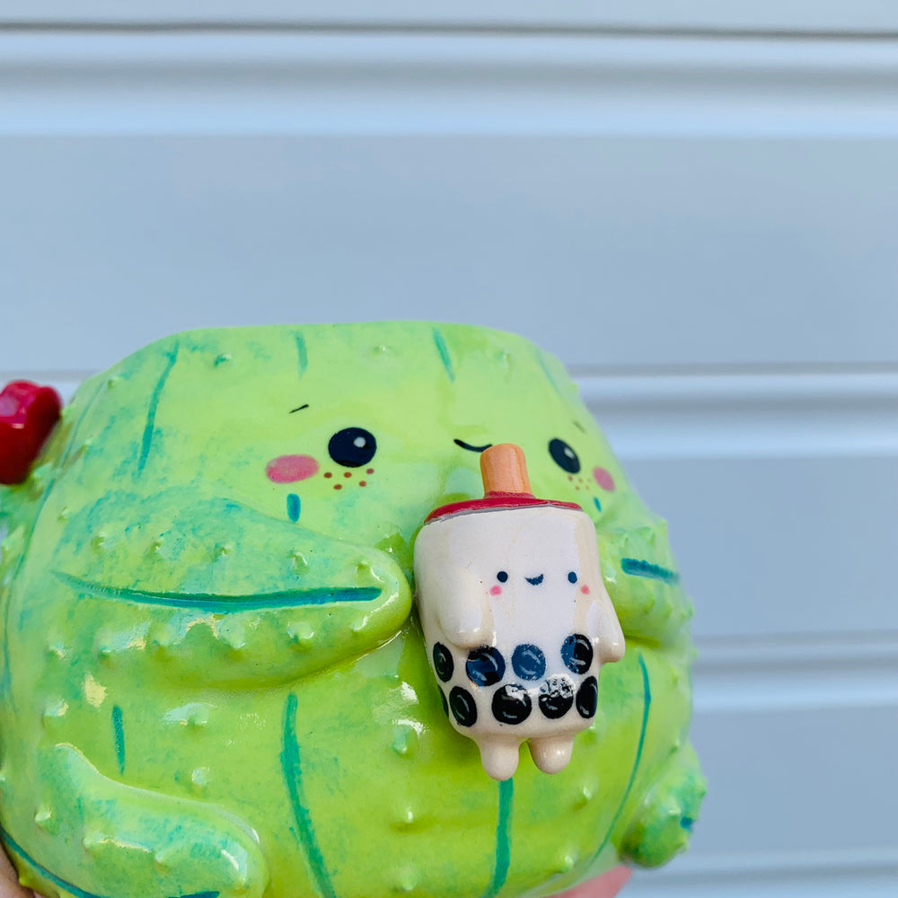 Dark green flowery cactus mug with bubble tea friend, photo 8 of 9