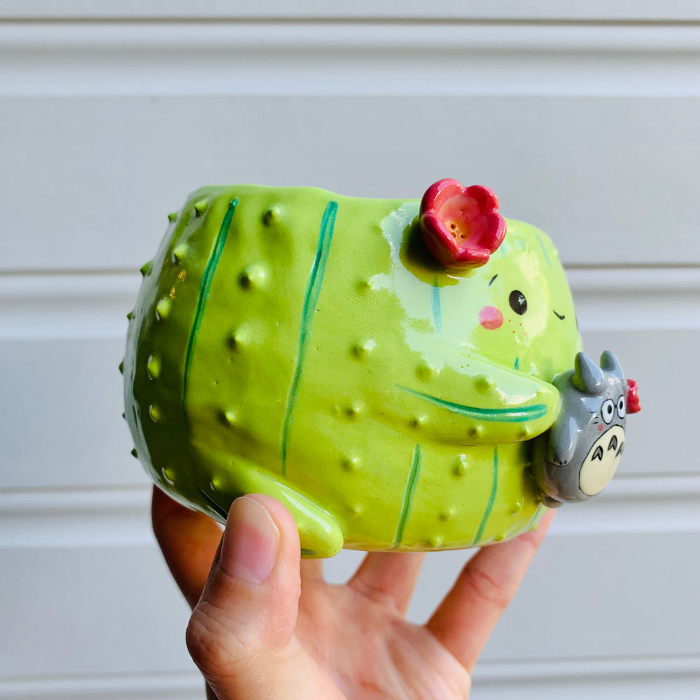 Flowery cactus pot with Totoro friend, photo 2 of 6